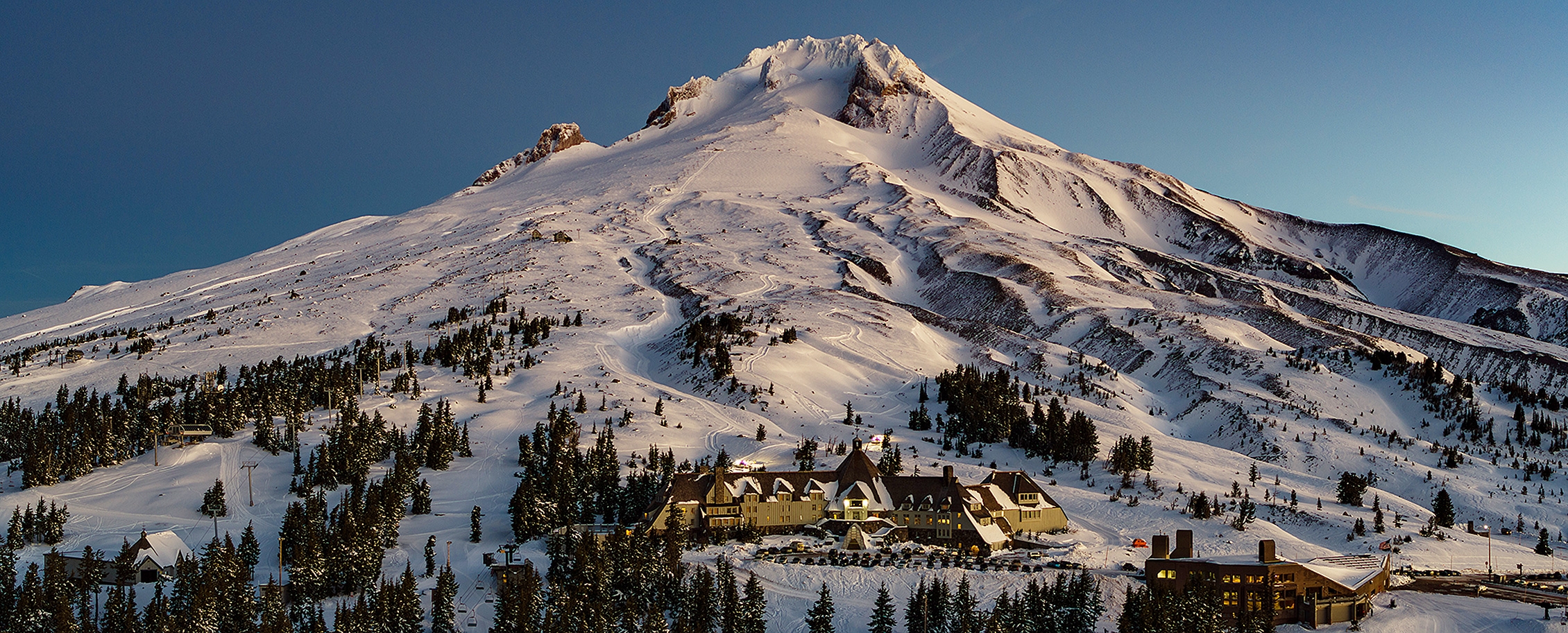DRONE PHOTO OF TIMBERLINE LODGE ON MT. HOOD AT TWILIGHT IN THE WINTER