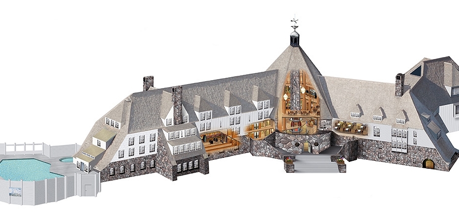 ILLUSTRATION OF TIMBERLINE LODGE EXTERIOR WITH INTERIOR CUTOUT OF HEADHOUSE