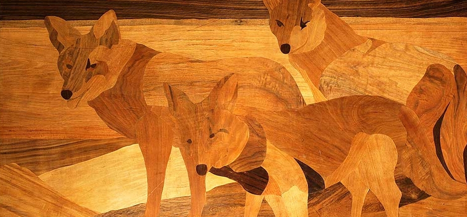 WOOD MARQUETRY PANEL OF COYOTES
