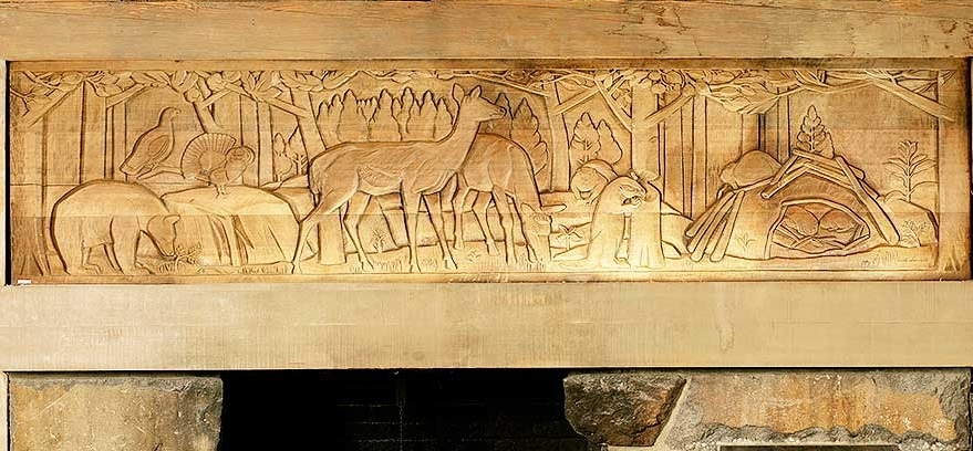 WOOD CARVING OF THE FOREST SCENE: BEAR, DEER, BEAVER, BIRDS