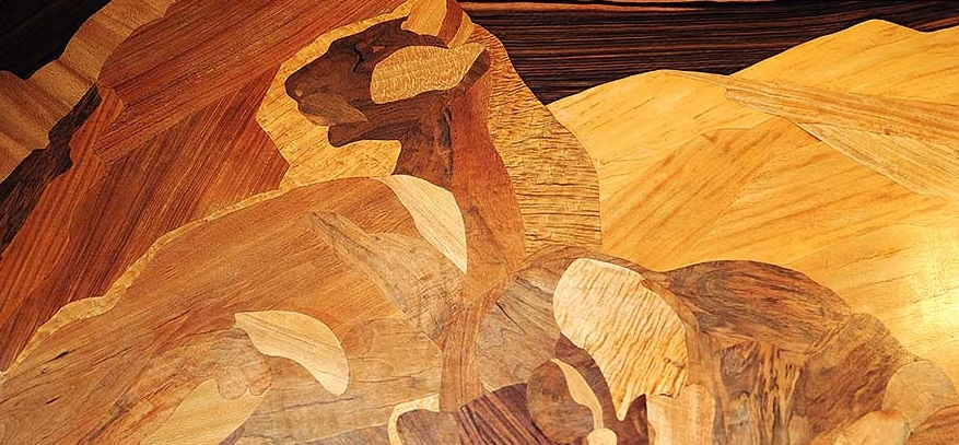 WOOD MARQUETRY PANEL OF MOUNTAIN LIONS