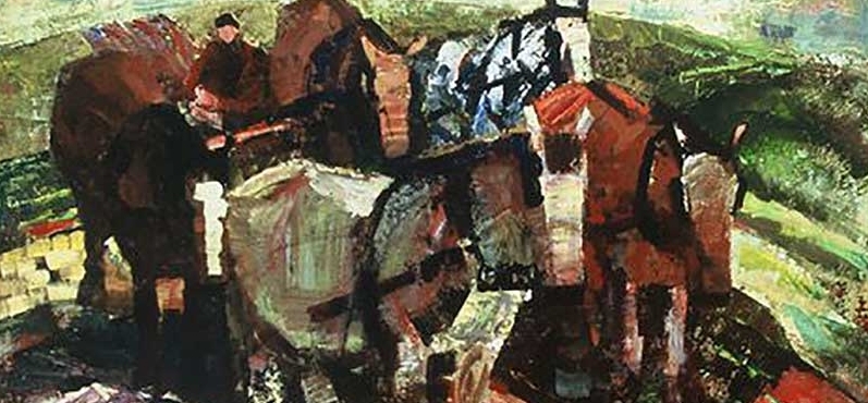 ABSTRACT OIL PAINTING TITLED THE TEAM FEATURING A PACK OF HORSES