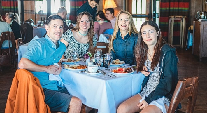 FAMILY OF FOUR ENJOYING MOTHER'S DAY BRUNCH AT TIMBERLINE'S CASCADE DINING ROOM
