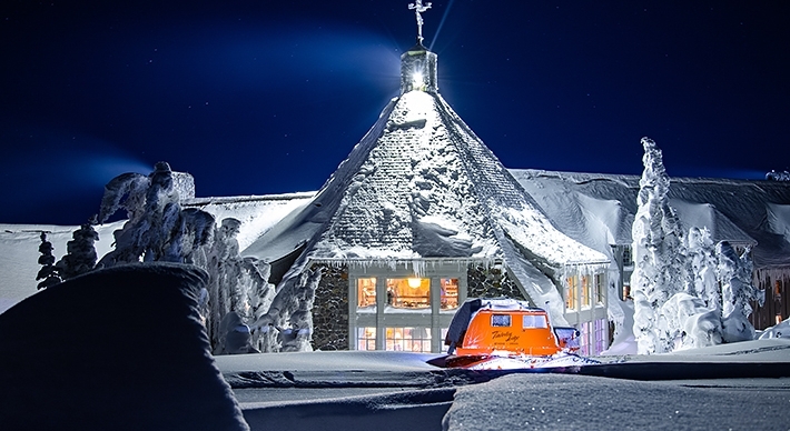 SNOWY TIMBERLINE LODGE FROM WITH ORANGE VINTAGE TUCKER SNOWCAT