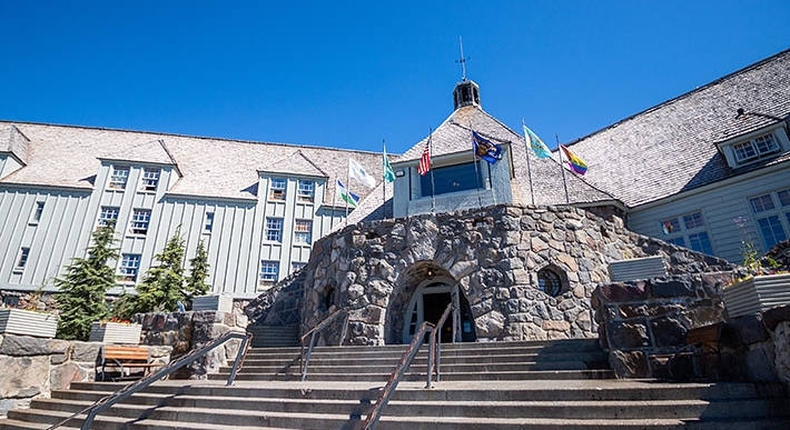 THE FRONT STEPS AND ROOSEVELT TERRACE OF TIMBERLINE LODGE IN THE SUMMER