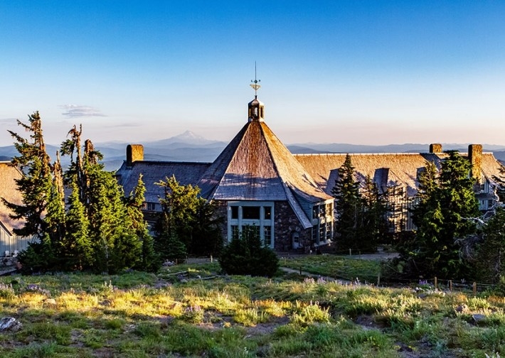 TIMBERLINE LODGE FROM THE BACK WITH MT. JEFFERSON IN THE BACKGROUND, SEPTEMBER