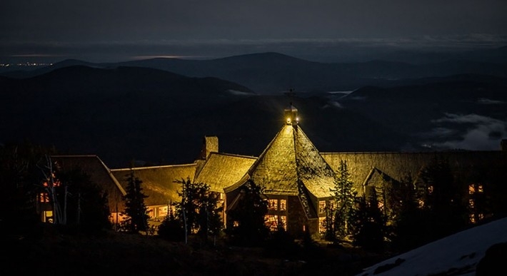 REAR VIEW OF TIMBERLINE LODGE AT NIGHT