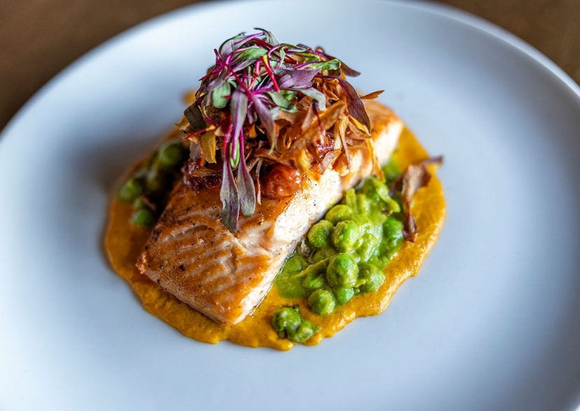 Seared salmon, creamy english peas, sweet corn puree, cherry bacon jam, fried parsnips served on a white plate in the Cascade Dining Room