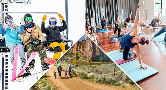 SEGMENTED PICTURE OF 3 SNOWBOARDERS ON LIFT, FAMILY OF FOUR HIKING BY SMITH ROCK, PEOPLE DOING YOGA IN A STUDIO