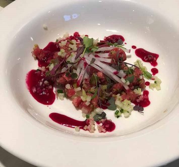 Beef tartare with shiso, kohlrabi, beet, and radish