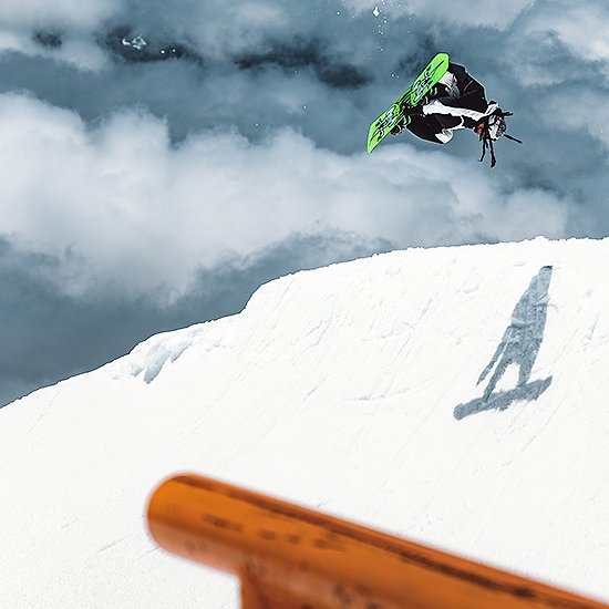 SNOWBOARDER IN THE PIPE AT TIMBERLINE FREESTYLE TRAINING CENTER