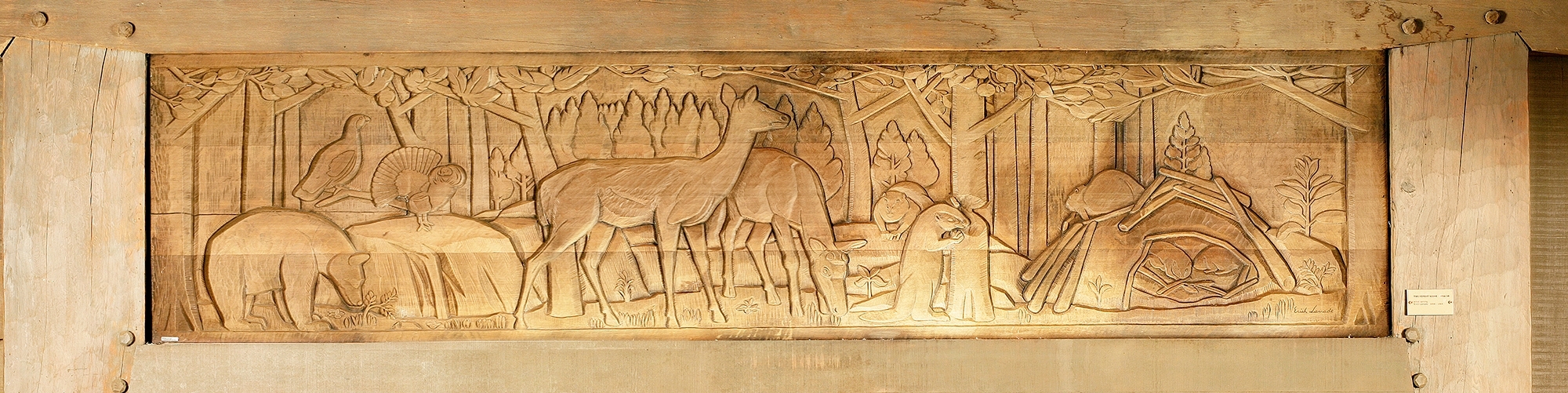 FOREST SCENE WOOD CARVING OF BEAR, DEER, BEAVER, AND BIRDS