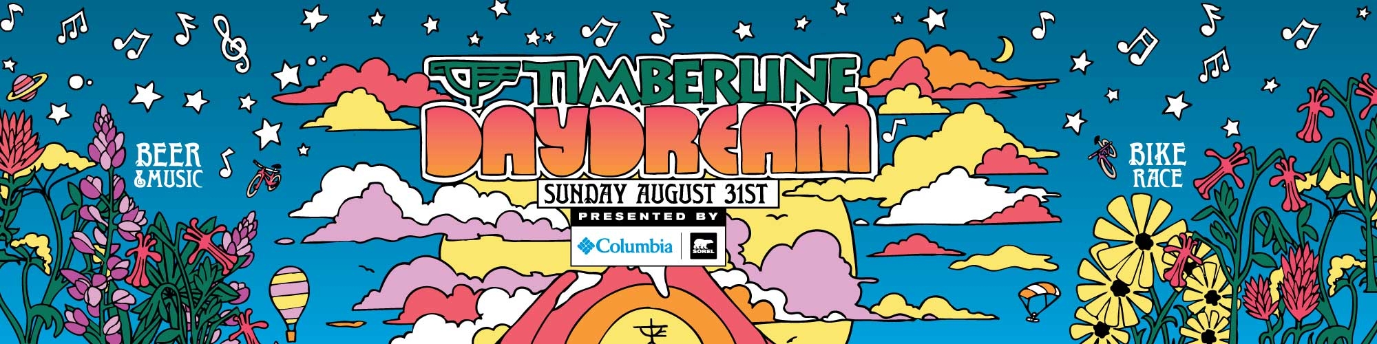 Colorful illustrated banner for the Timberline Daydream event on Sunday, August 31st, featuring musical acts Blitzen Trapper, Fingers & Chilly with Eric Kallio, and The Talbott Brothers. Includes icons for beer, music, and bike races.