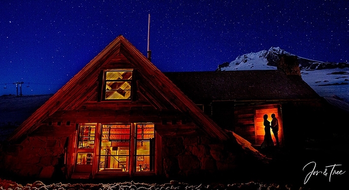 GLOWING SILCOX HUT WITH STARRY SKIES AND MT. HOOD
