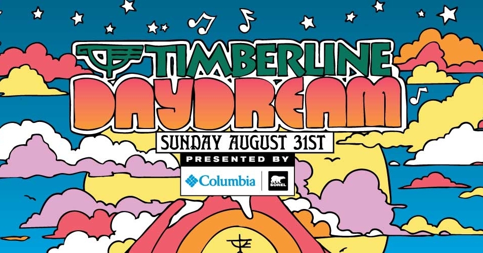 Colorful illustrated banner for the Timberline Daydream event on Sunday, August 31st, featuring musical acts Blitzen Trapper, Fingers & Chilly with Eric Kallio, and The Talbott Brothers. Includes icons for beer, music, and bike races.