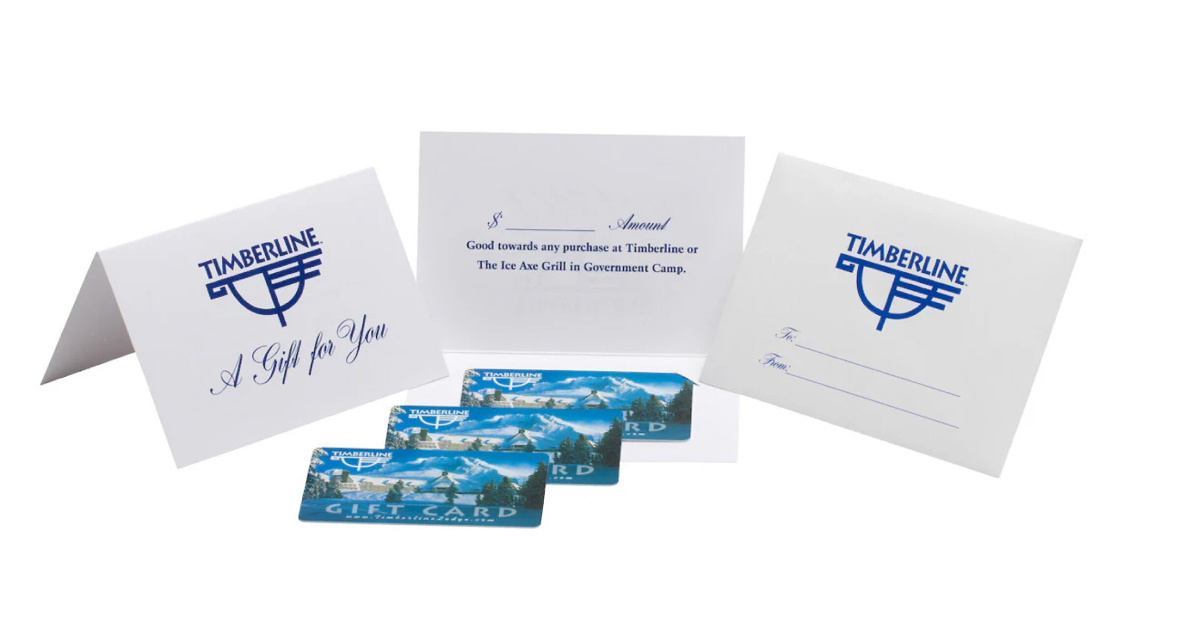 Three Timberline Lodge gift cards and matching envelopes, labeled “A Gift for You".