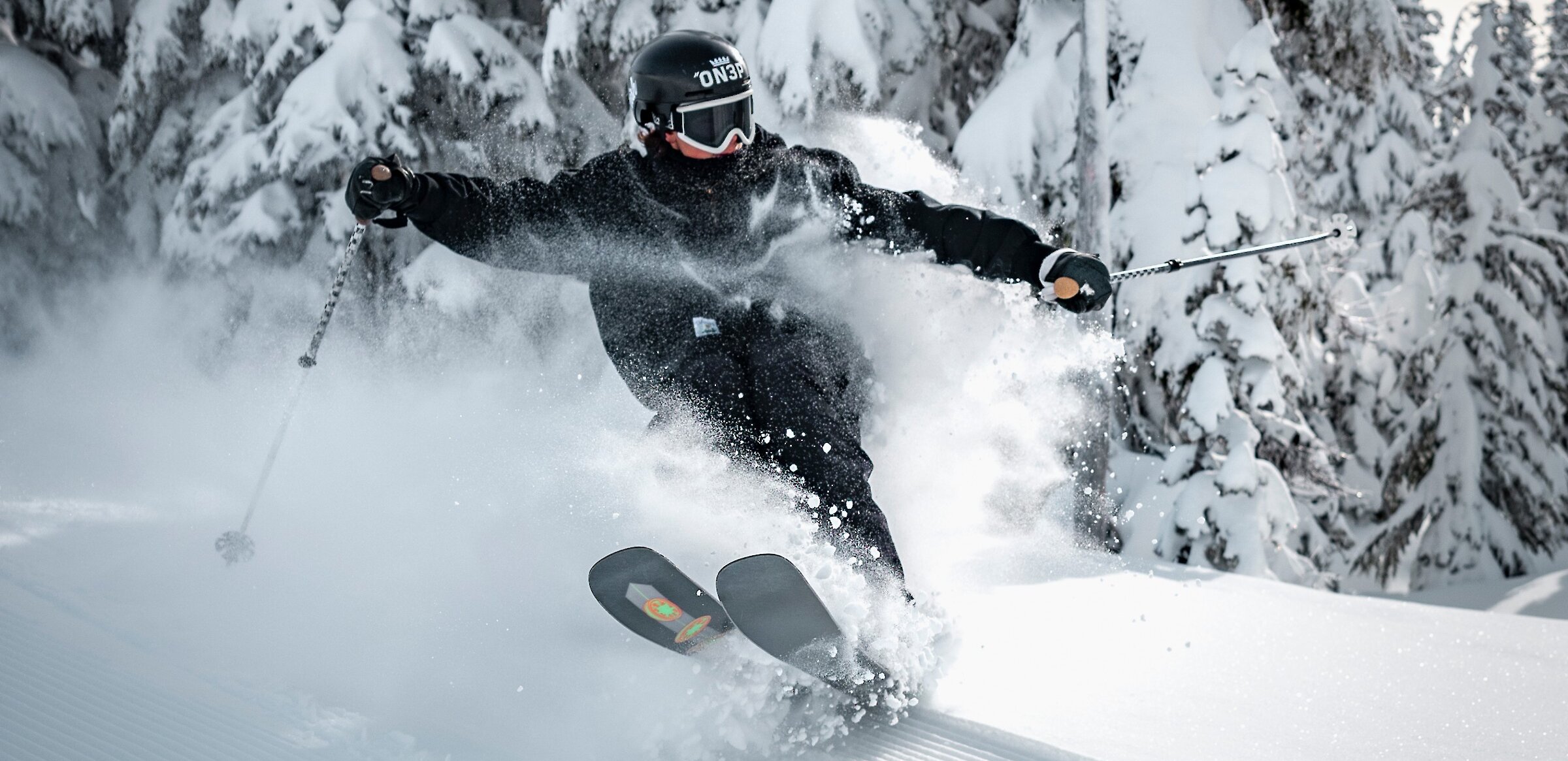 Skier carving through fresh snow on a sunny day at Timberline Lodge, surrounded by snow-covered trees.