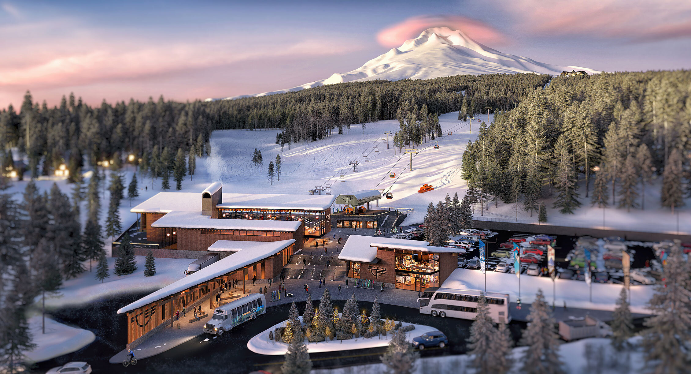 Architectural rendering of the gondola and potential base lodge at Timberline Summit Pass